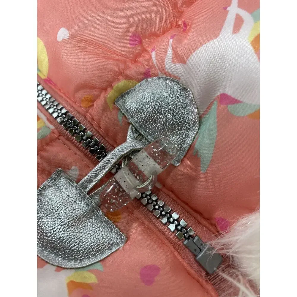 Little Lass Girls 5T Unicorn Puffer Vest Pink Faux Fur Hood Silver Toggles